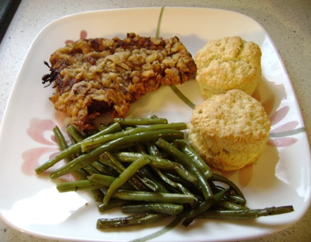 Chicken-fried steak with buttermilk biscuits and bacon green beans