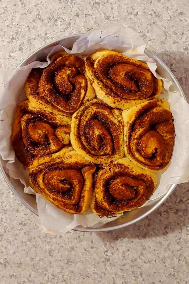 baked cinnamon rolls, after having been frozen before baking