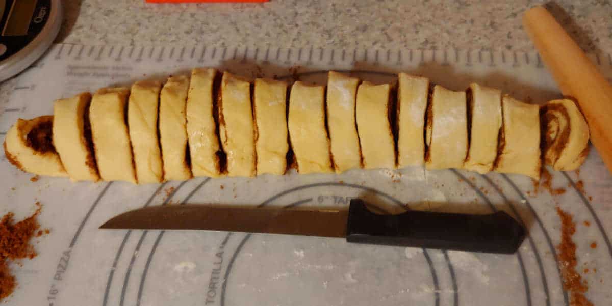 cinnamon rolls, in a log that has been cut