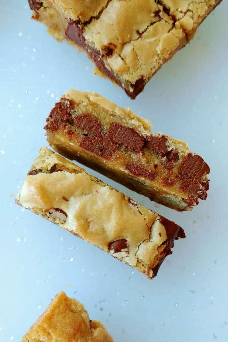 chocolate chip cookie bars, cut and viewed from the side