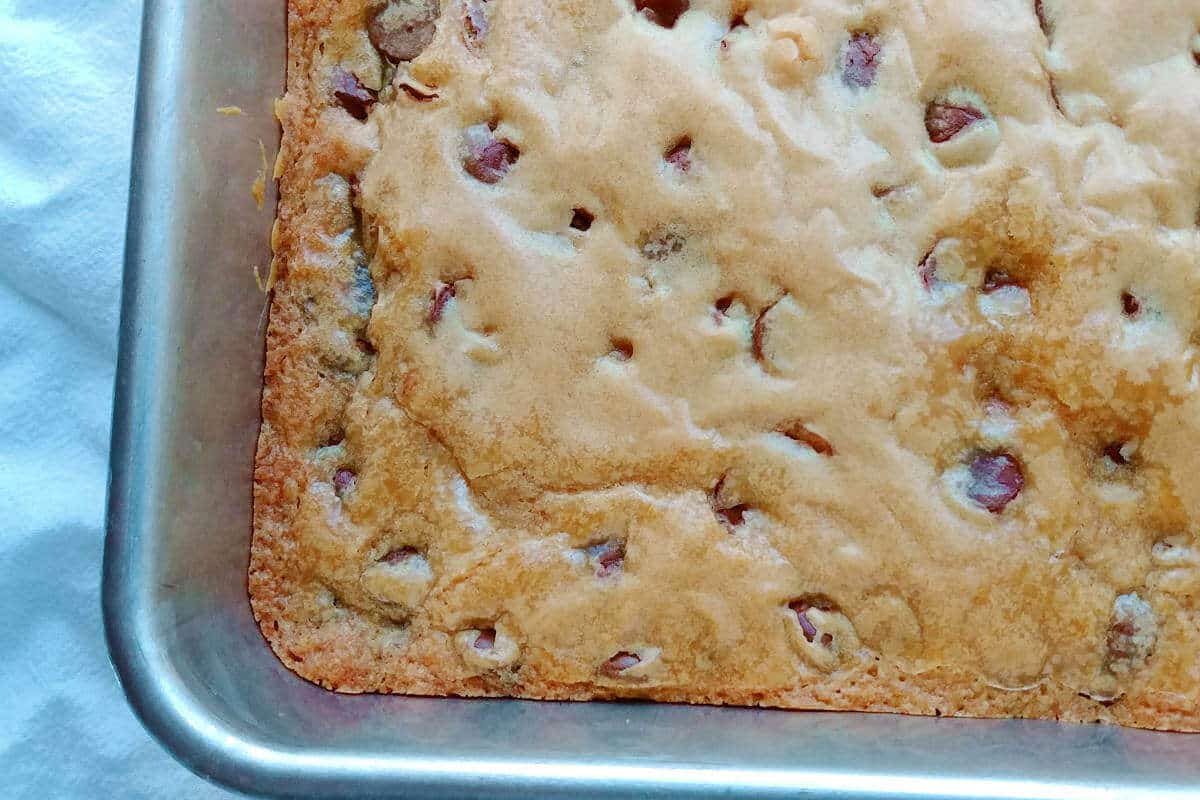 chocolate chip cookie bars, baked and in the pan
