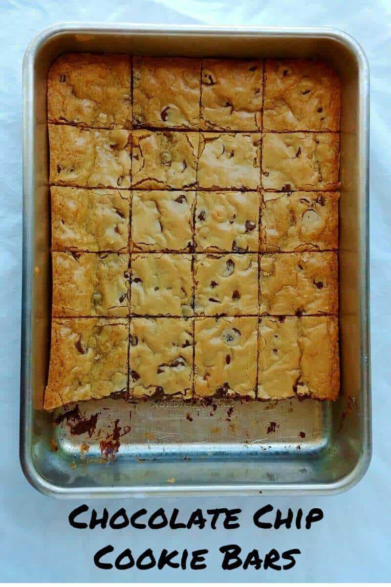 chocolate chip cookie bars, in a pan with a row cut out - pin for pinterest