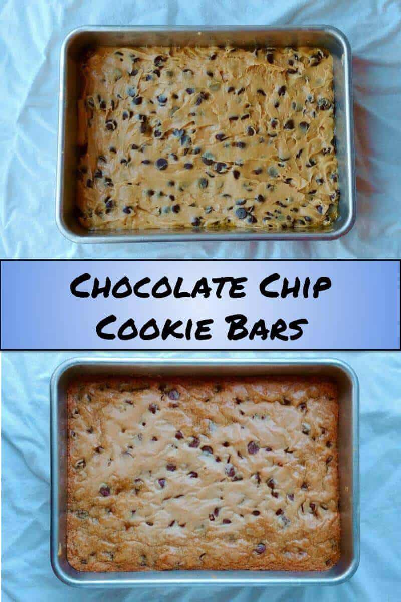 chocolate chip cookie bars, dough in a pan and baked in a pan - pin for pinterest