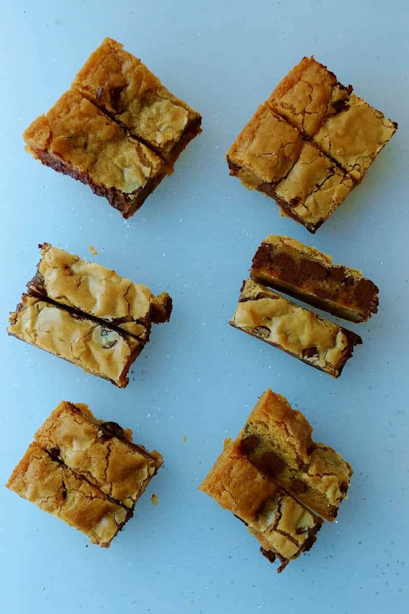 chocolate chip cookie bars, cut and in rows