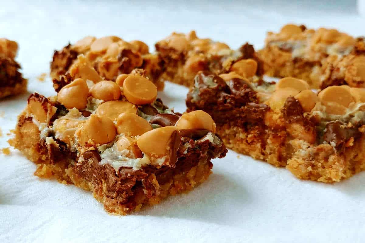 cookie bars with sweetened condensed milk, graham cracker crust, and two kinds of chocolate chips, cut into rows