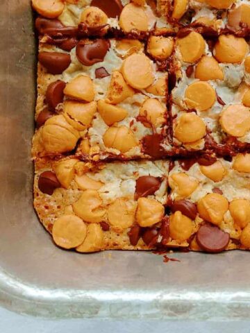 cookie bars, cut, in the pan