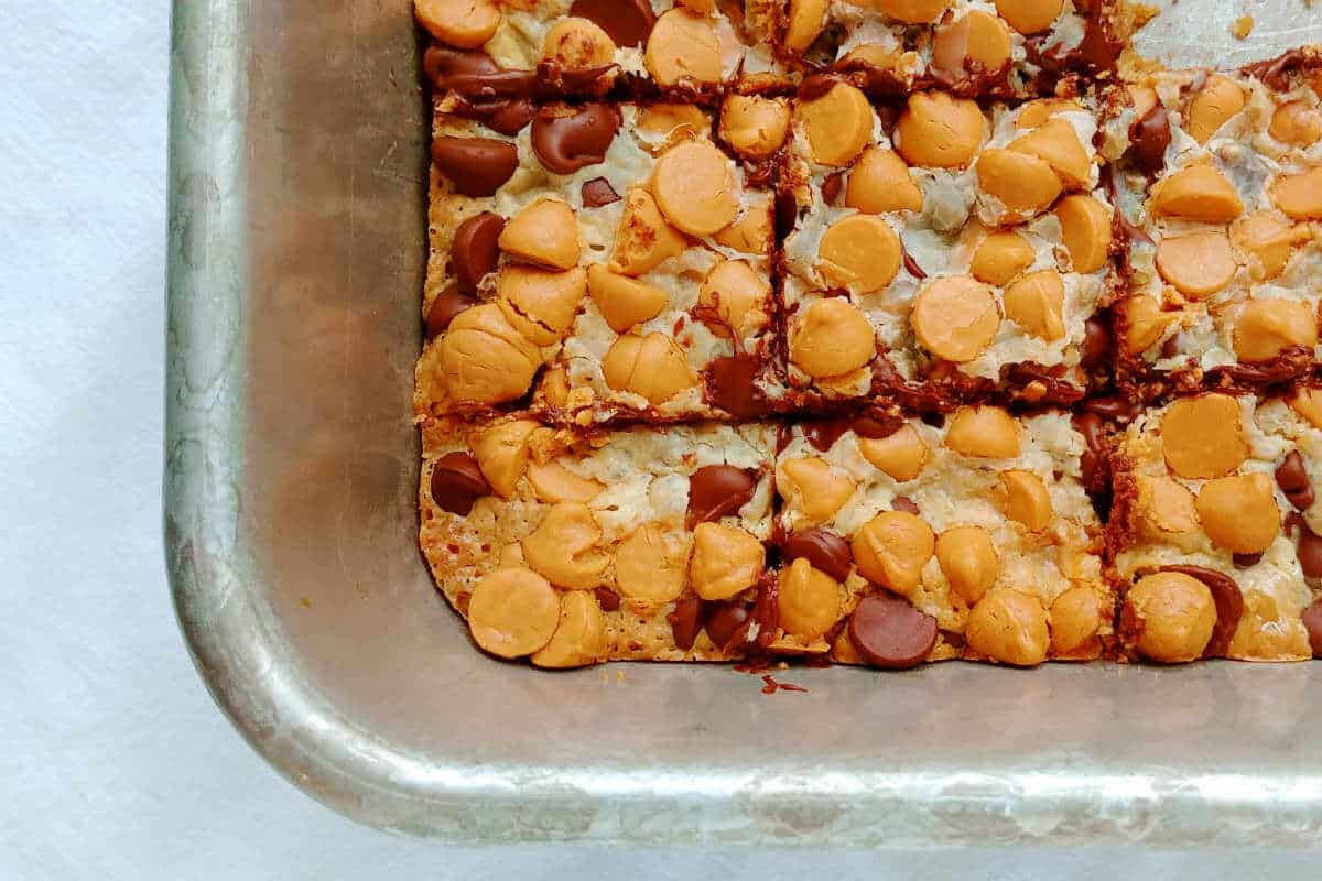 cookie bars, cut, in the pan