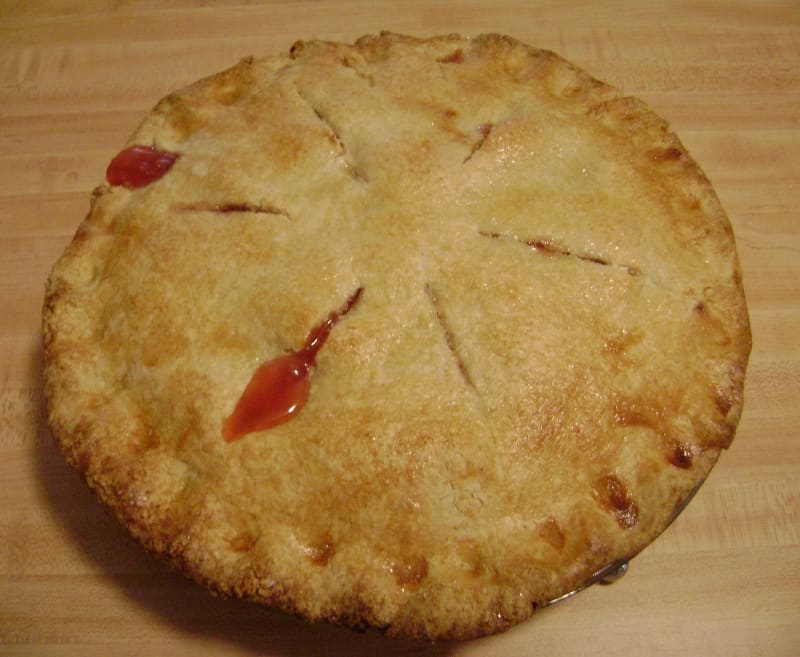 Peach-Raspberry Pie - very pretty, albeit with a little over-browning on the edge