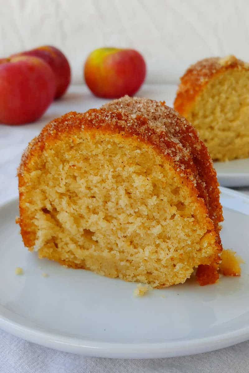 a slice of apple cider donut cake, with another slice and apples in the background