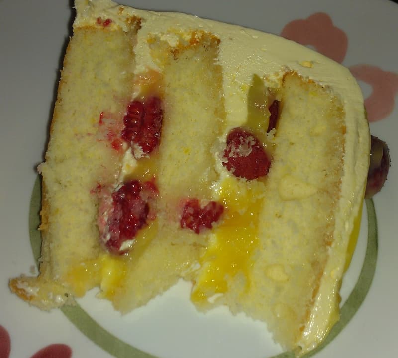 I spent a lot of time making the Lemon Raspberry Cake, so I wanted to take a lot of pictures of it, too. Here is a representative slice.