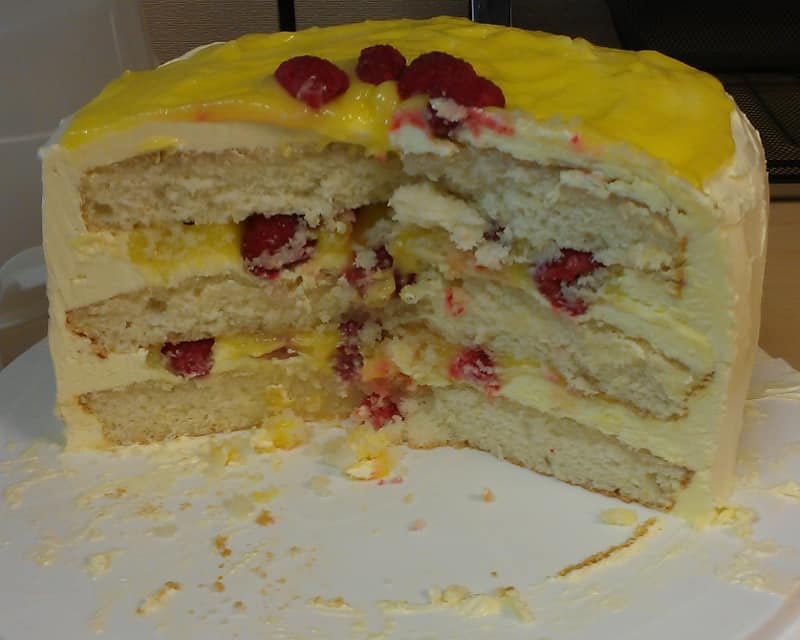 Lemon Raspberry Cake, at work, after giving out several pieces