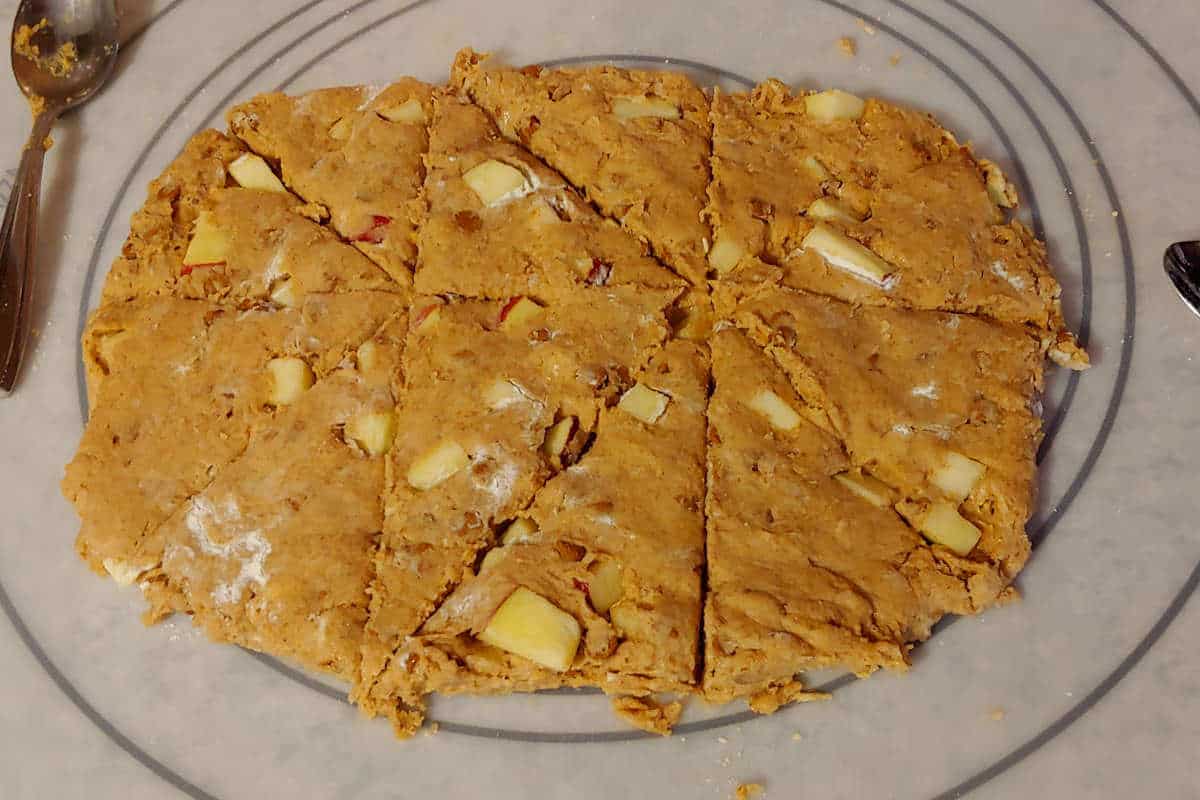 dough for fresh apple cinnamon scones, patted into a rectangle and cut into triangles