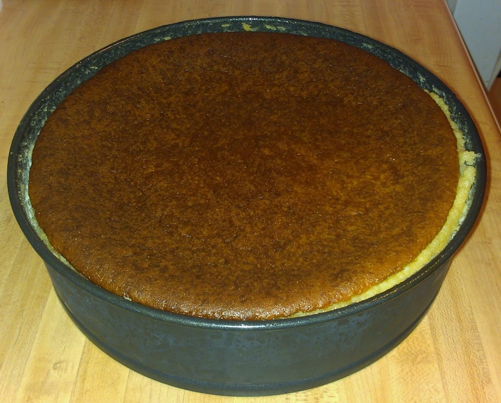 a whole honey bourbon cheesecake, in a springform pan