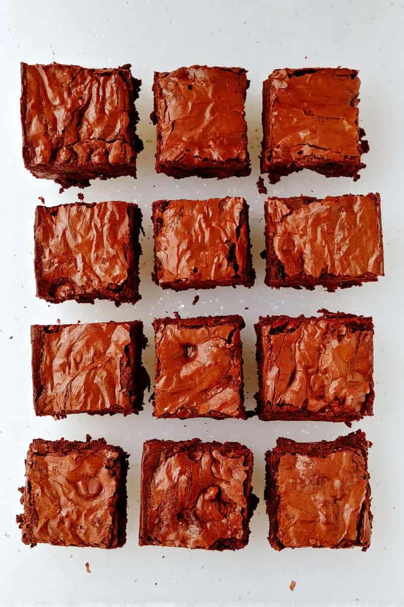fudge brownies, lined up in rows, seen from overhead