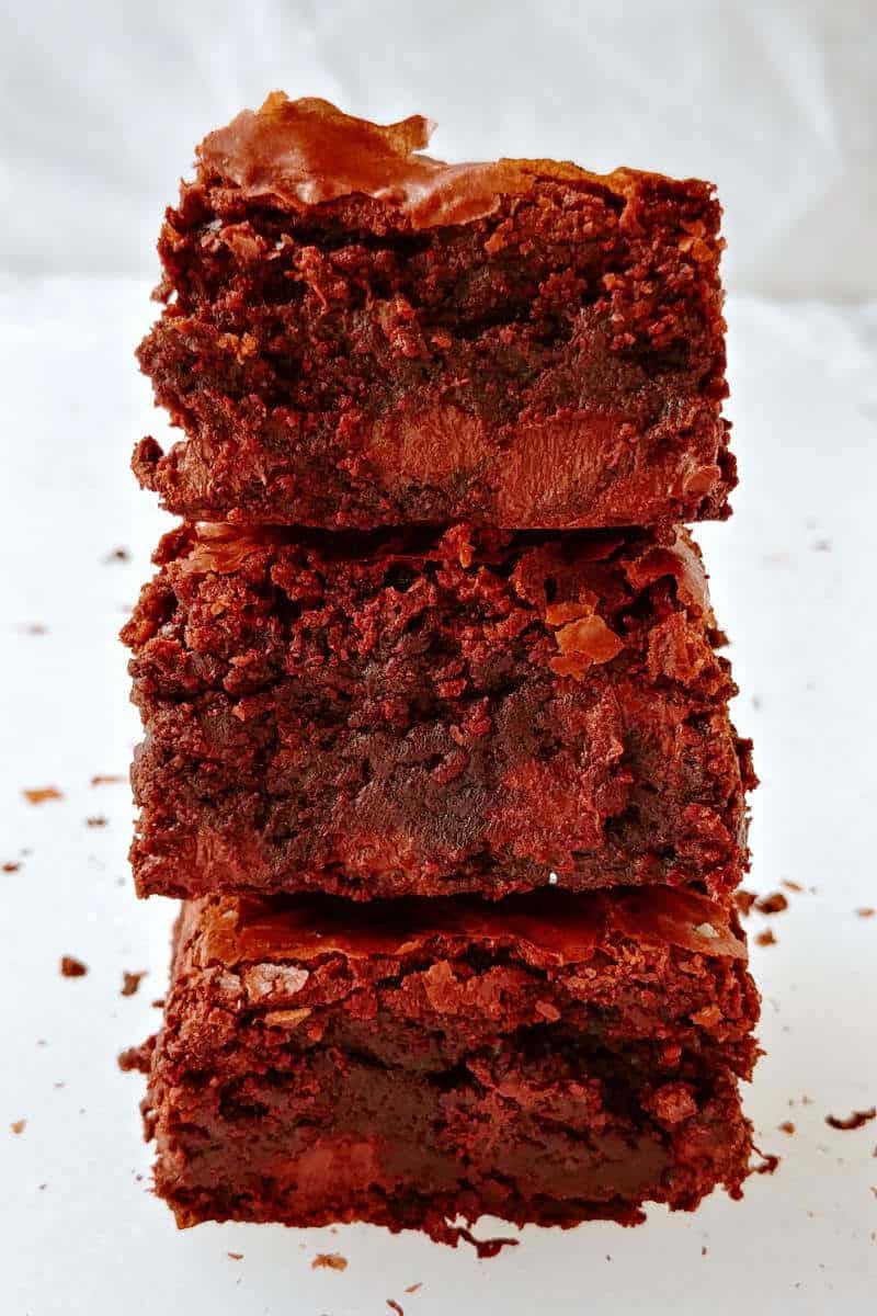 3 fudge brownies, stacked on top of each other