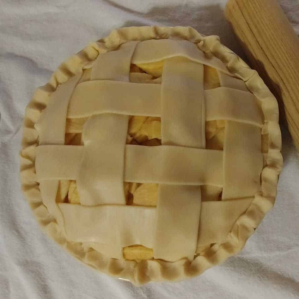 caramel apple pie, with lattice crust - before baking