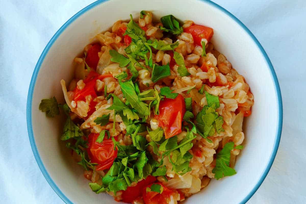 farro with tomatoes, in a bowl, garnished with parsley