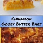 cinnamon gooey butter bars, seen from the side and from overhead - pin for Pinterest
