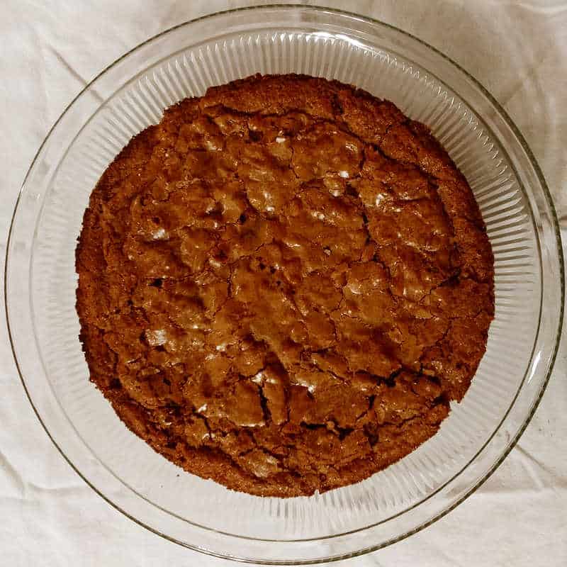 maryland fudge cake, on a glass cake plate, without frosting
