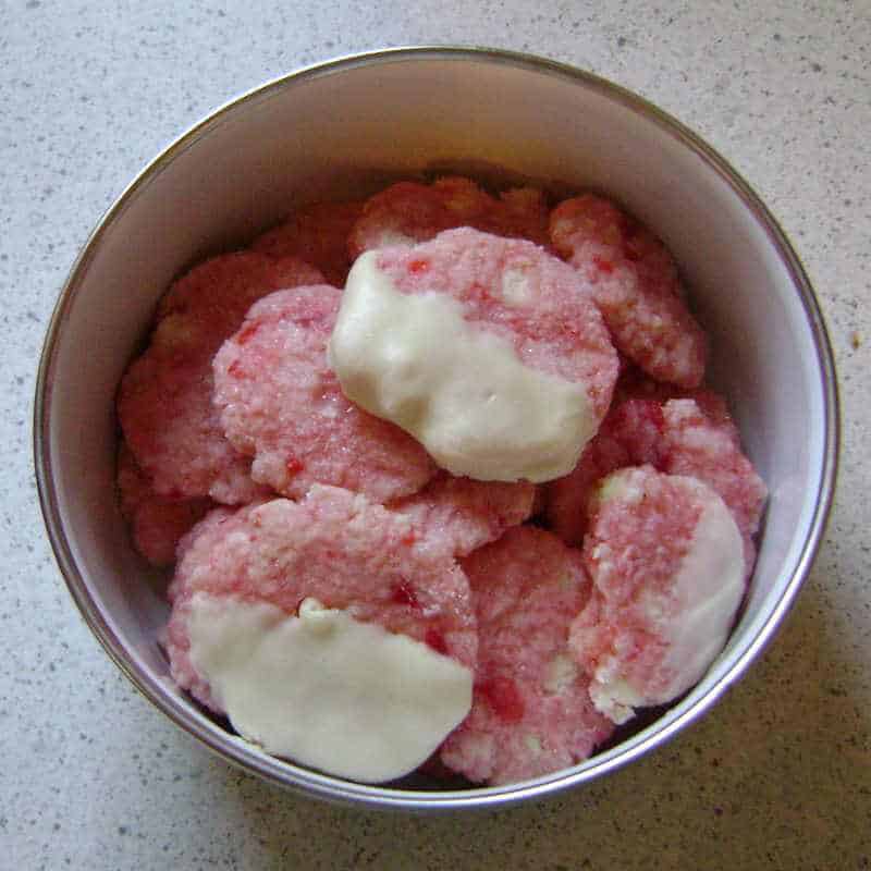 white chocolate cherry shortbread in a bowl, from 2010, made with extra cherry juice