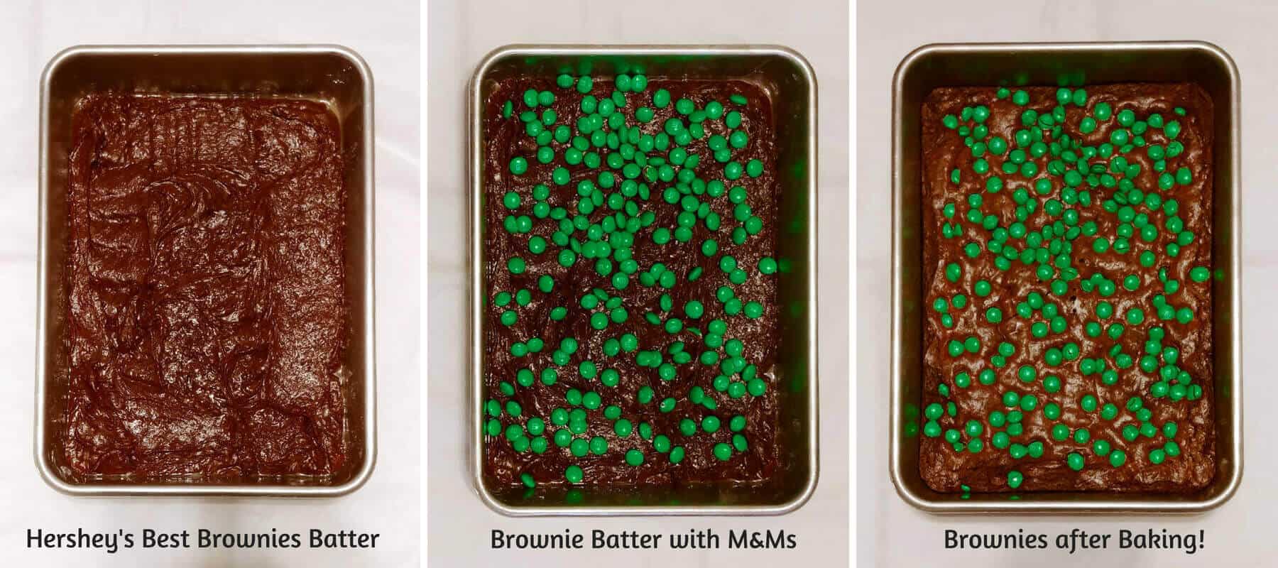 Hershey's Best Brownies - a collage with brownie batter, brownie batter topped with M&Ms, and baked brownies