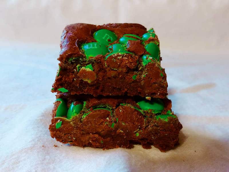 hershey's best brownies, with M&Ms, stacked one on top of the other