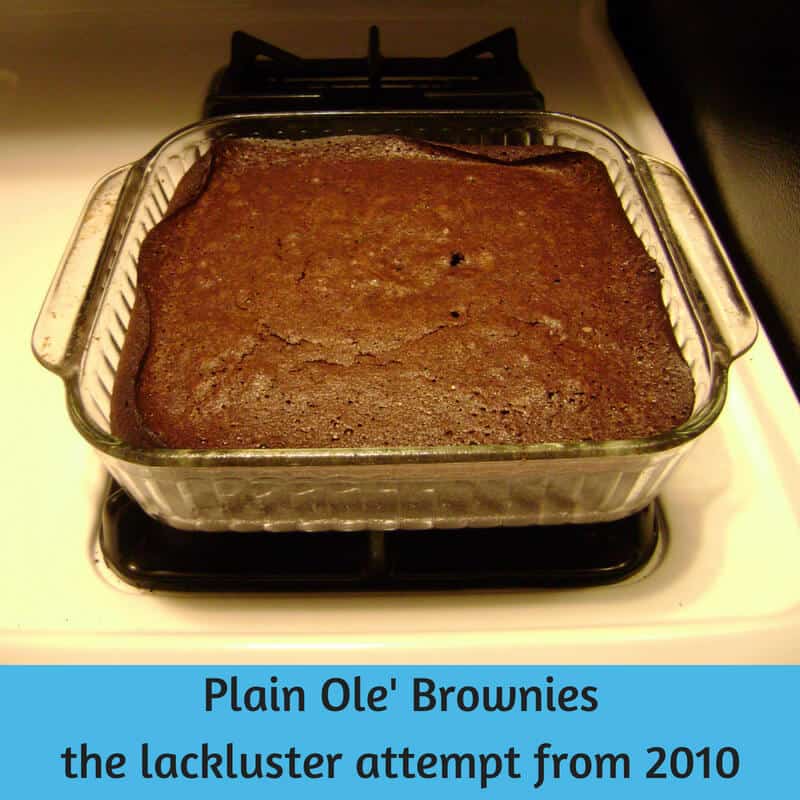 Alton Brown's Plain Ole' Brownies, from 2010, with edges curling up from a glass pan