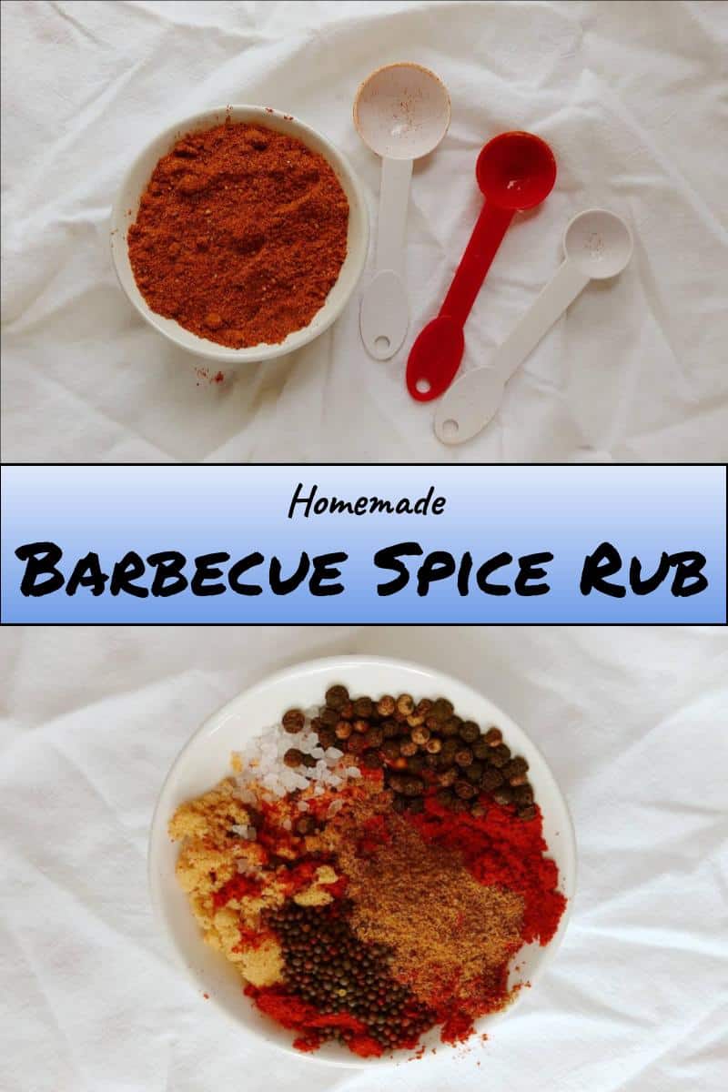 barbecue spice rub, unground spices, in a bowl, and ground in a bowl - pin for pinterest