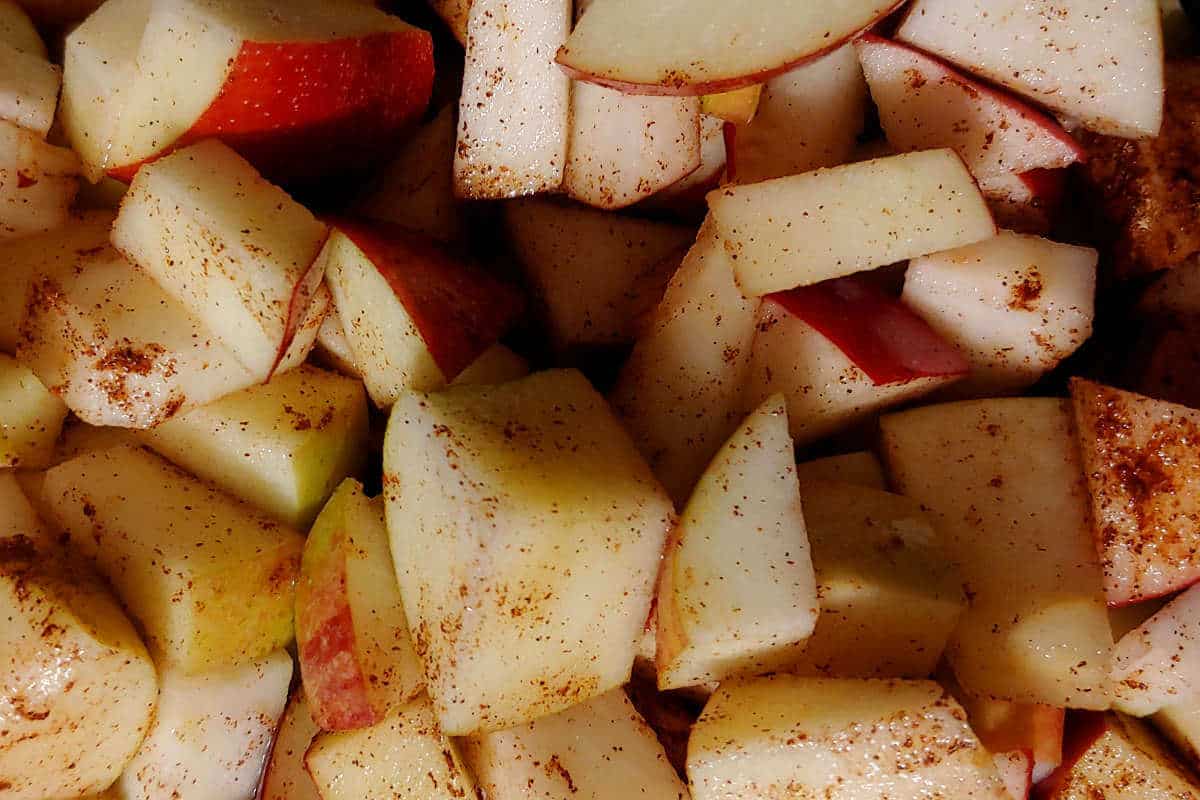 cut up apples tossed with cinnamon, nutmeg, and allspice, ready to be cooked into apple butter in a slow cooker