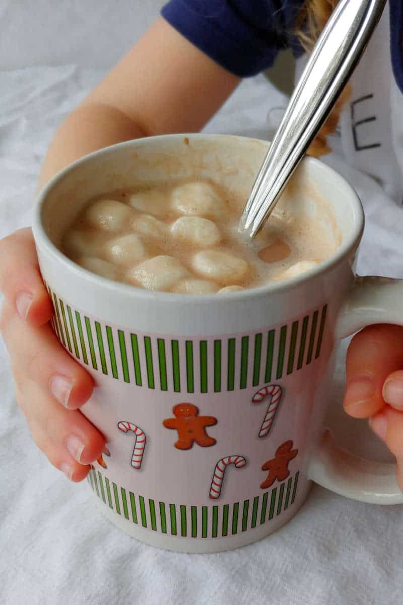 a mug of hot cocoa mix made with alton brown's hot cocoa mix recipe, topped with marshmallows