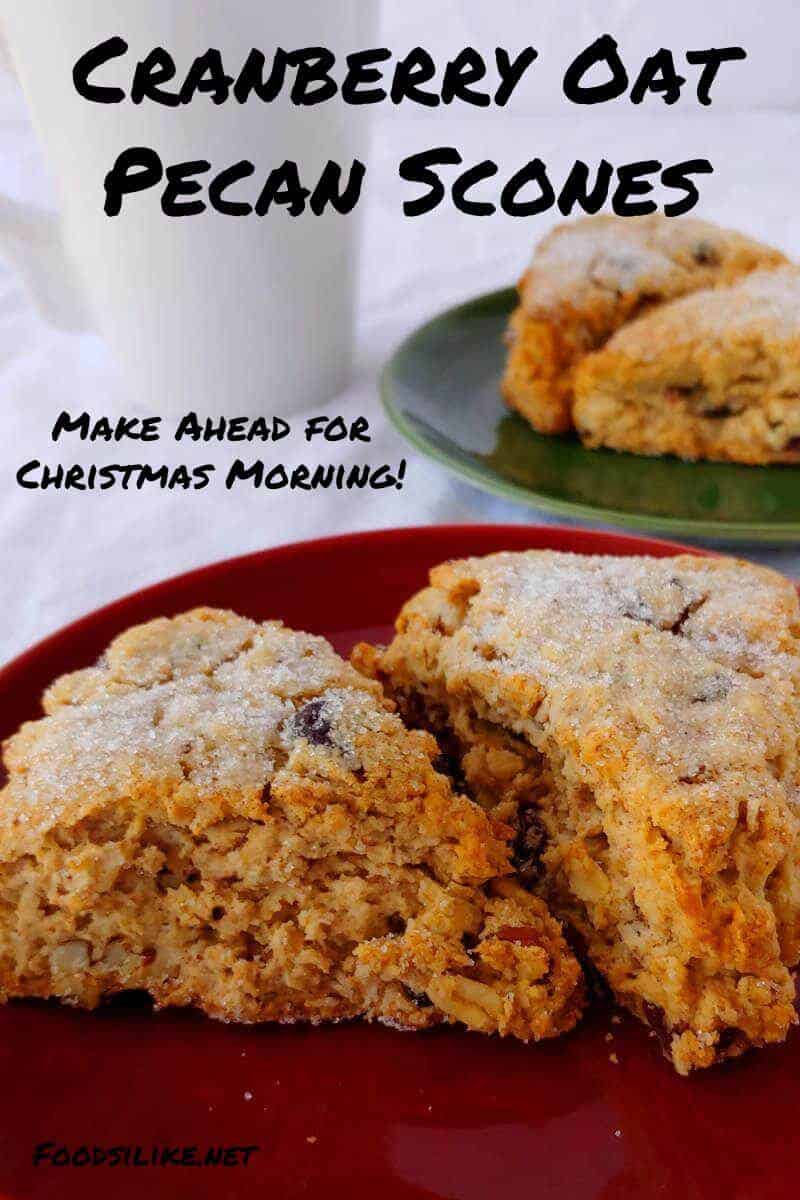 cranberry oat pecan scones, on plates with a mug in the background, pin for pinterest