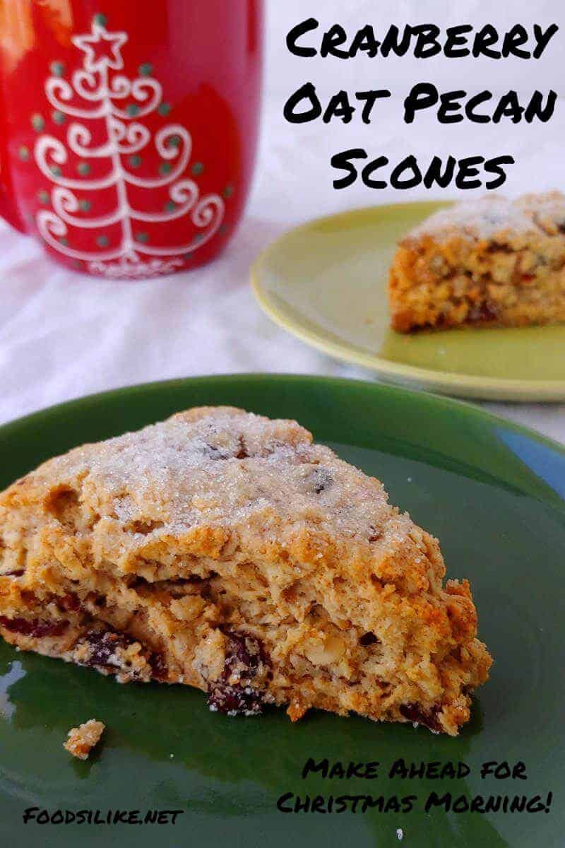 cranberry oat pecan scones, on plates, with a red Christmas mug in the background - pin for Pinterest