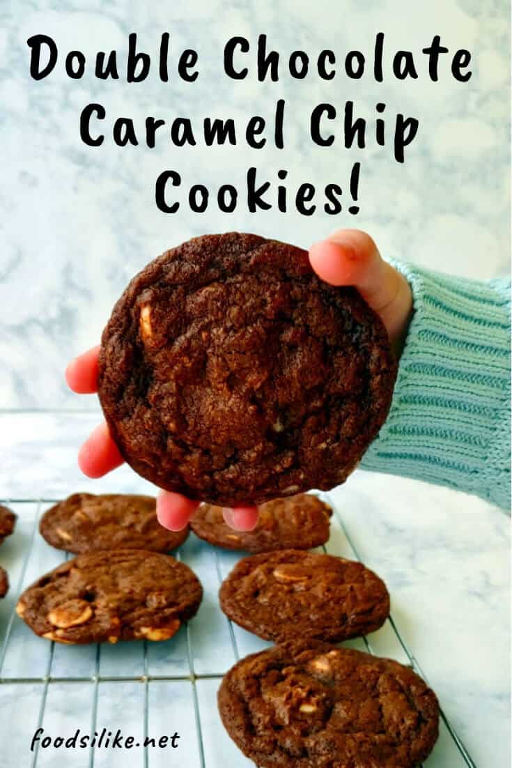 double chocolate caramel chip cookie, held - pin for Pinterest