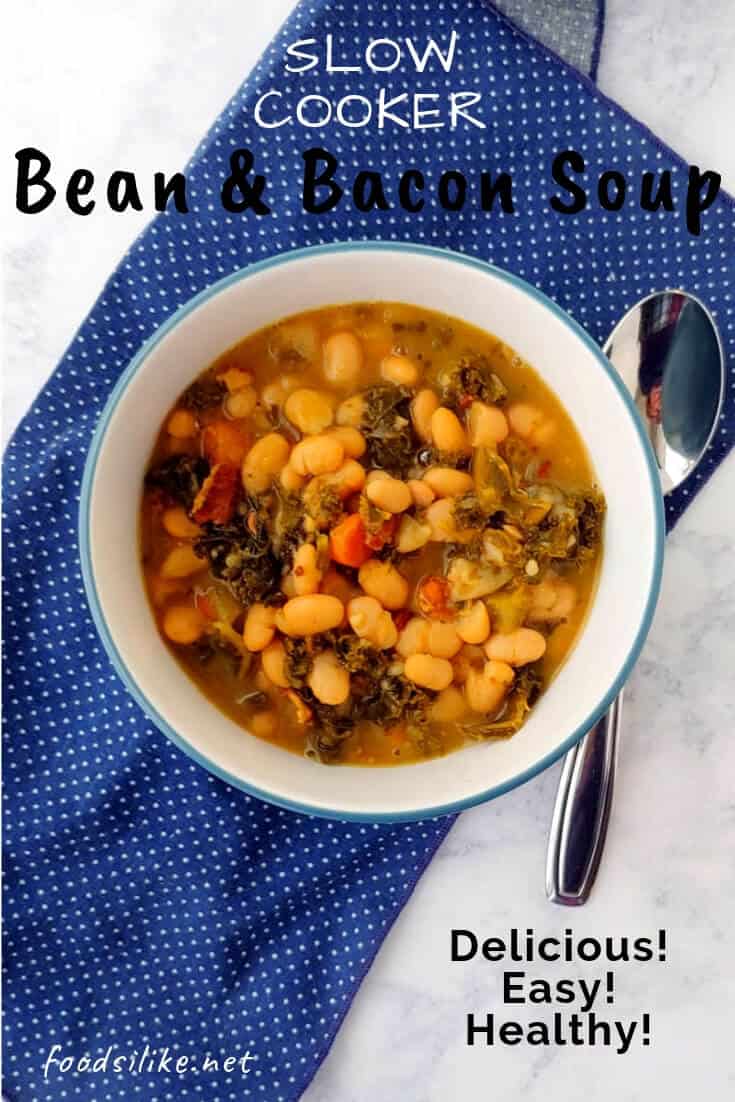 a bowl of bean and bacon soup, with a spoon and a blue napkin, with overlay for Pinterest