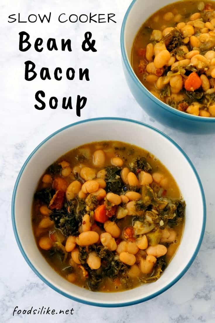 bowls of bean with bacon soup, with text overlay for Pinterest