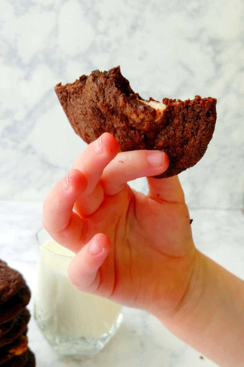 a hand holding a partially eaten cookie