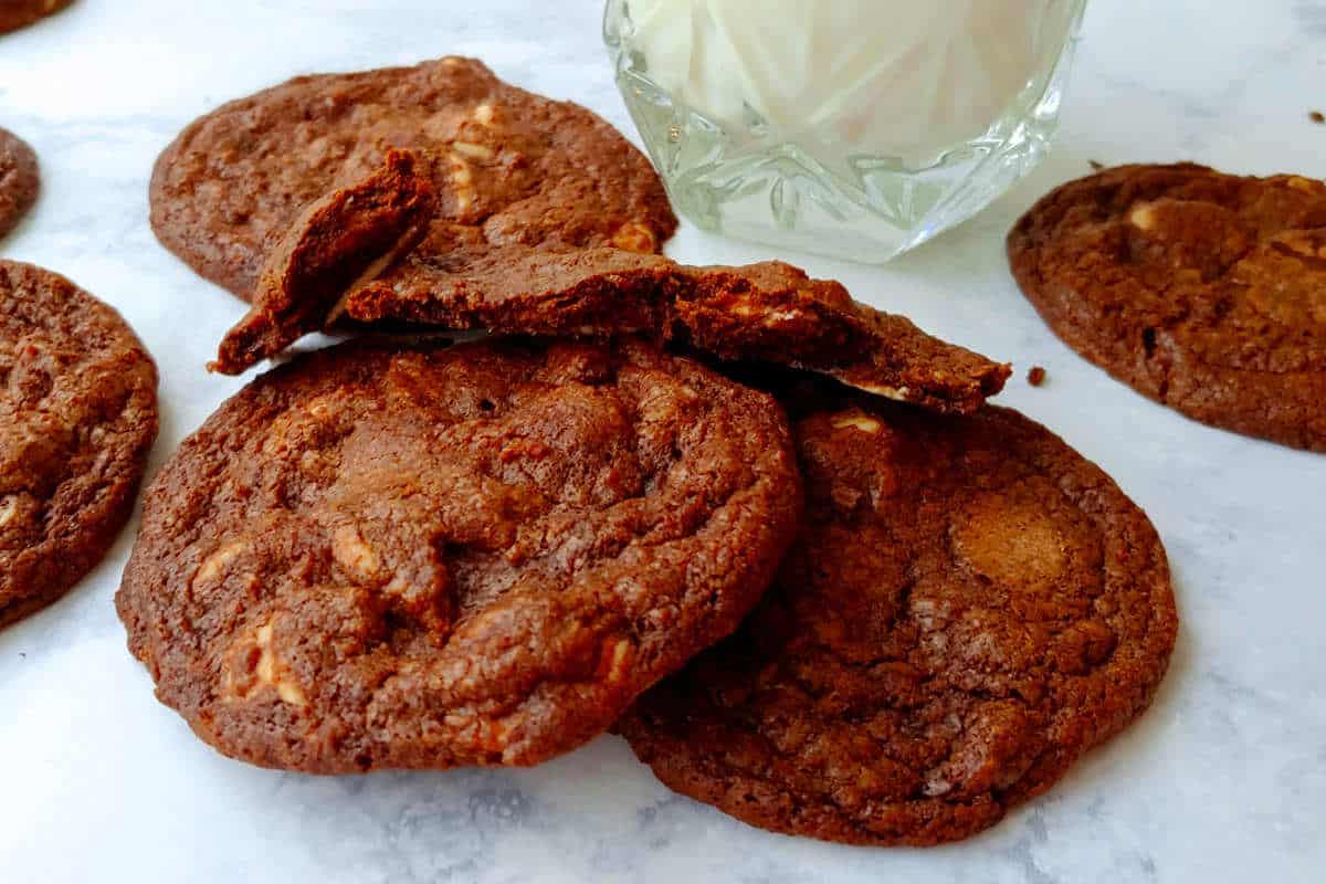 double chocolate caramel chip cookies, broken apart to see the inside