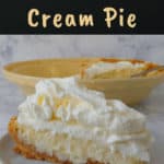 a slice of coconut cream pie, with a pie plate in background - pin for pinterest