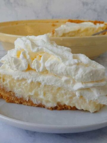 a slice of coconut cream pie, in front of a pie plate