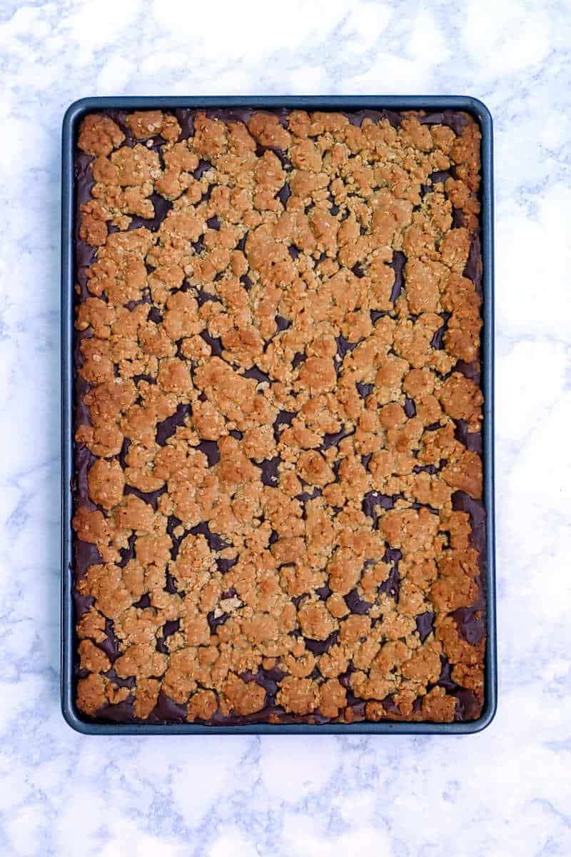 pan of oatmeal fudge bars, after being baked