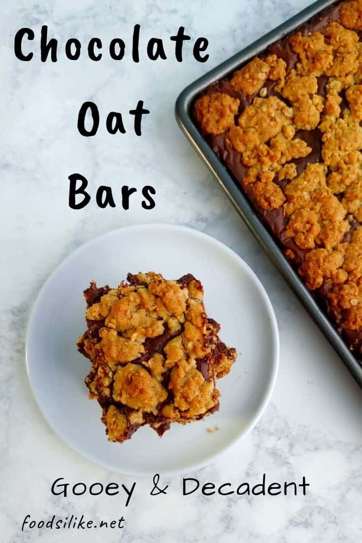 a pan of chocolate oat bars with text overlay for Pinterest