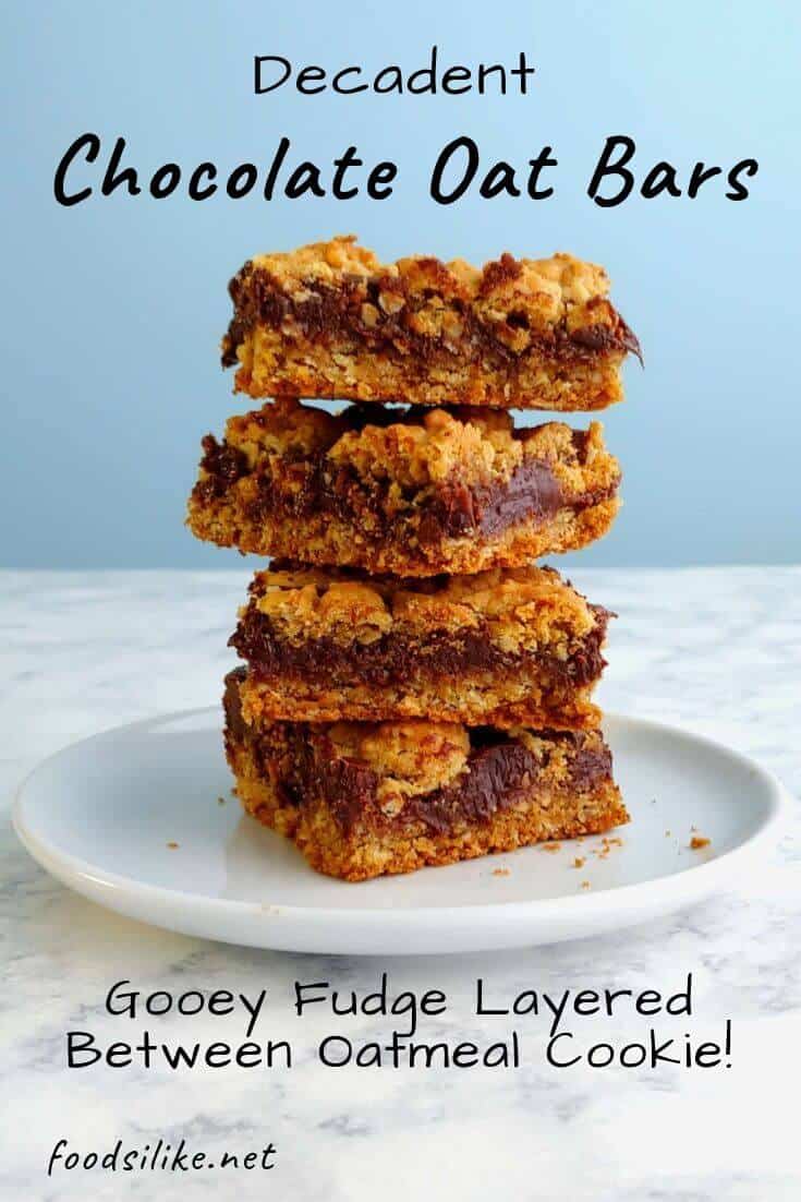 a stack of chocolate oat bars with text overlay for Pinterest