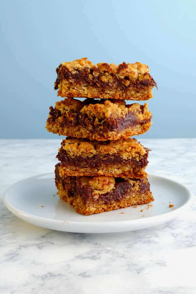 a tall stack of chocolate oat bars