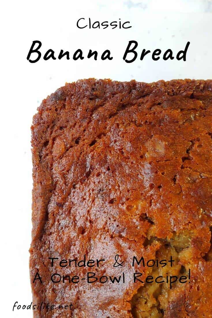 a loaf of banana bread with text for Pinterest