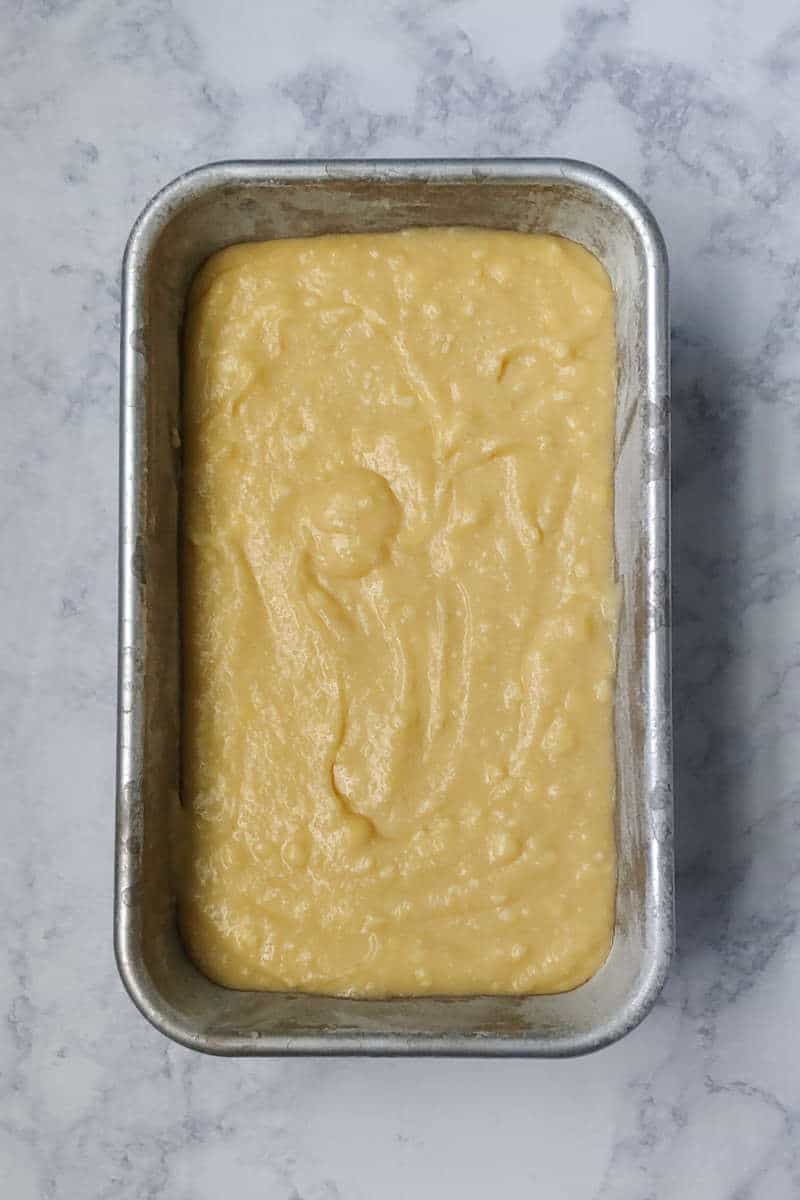 batter for ricotta pound cake, in the pan