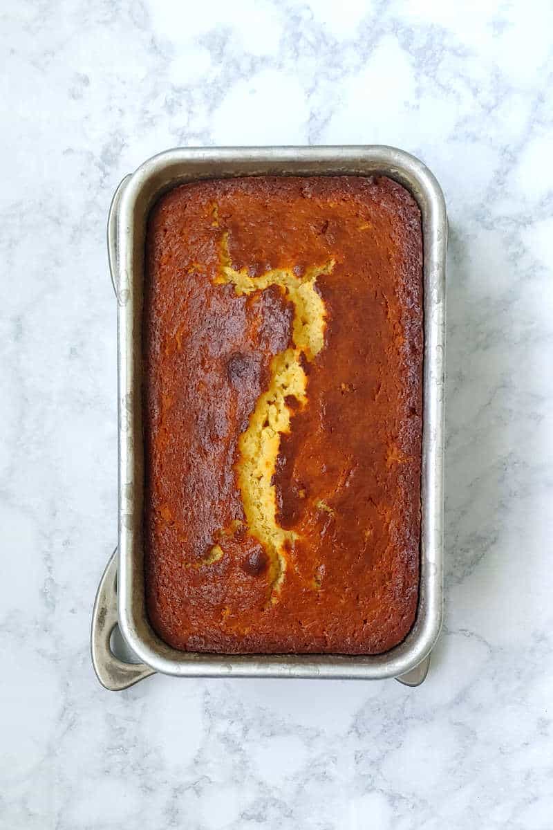 ricotta pound cake, in the pan, after being baked