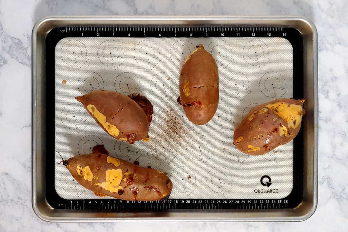 roasted sweet potatoes on a baking sheet