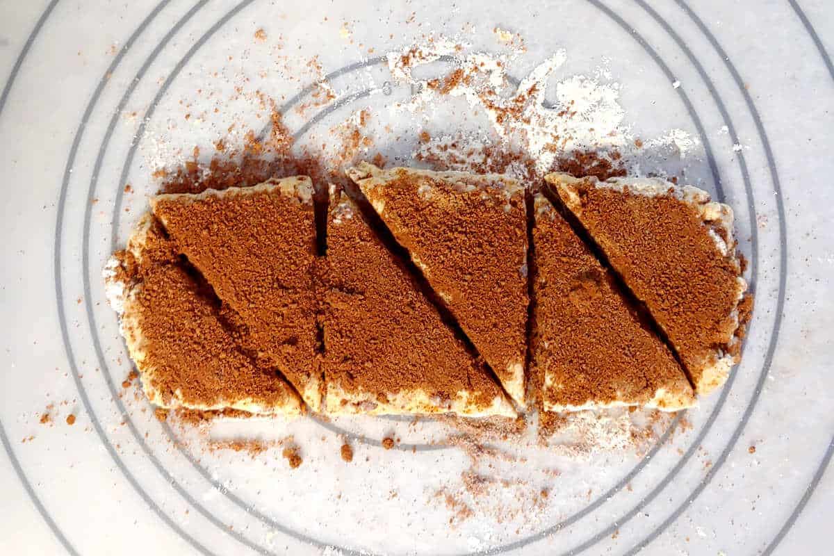 triple cinnamon scones, after being topped with cinnamon sugar and cut into triangles