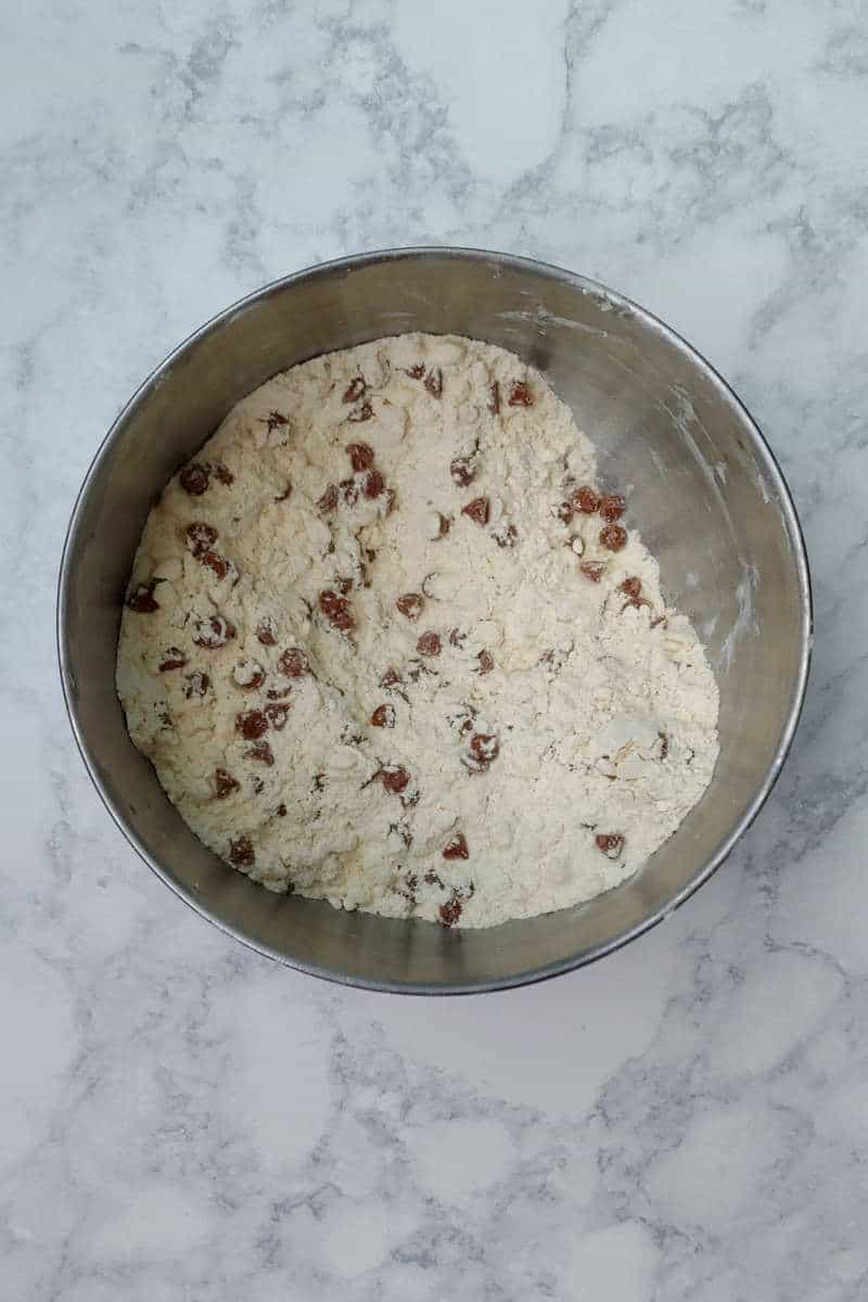 dry ingredients for cinnamon scones, mixed together in a bowl