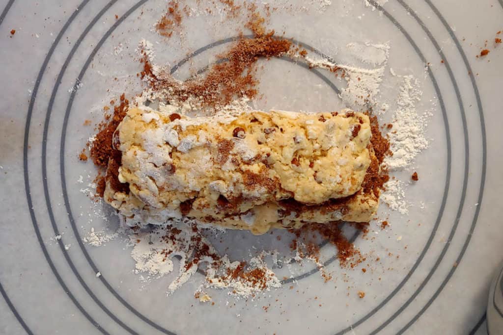 dough for cinnamon scones, after being folded into a log